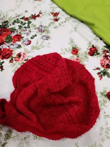 Hand-knitted Red Beanie with Ties