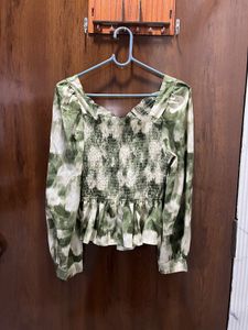 Green Tie-Dye Smocked Peplum Top