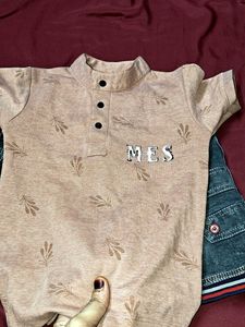 Boys Peach Printed T-Shirt and Denim Shorts Set