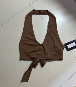 Brown Halter Neck Ribbed Crop Top