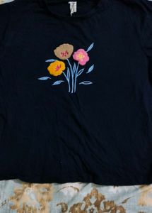 Navy Blue Floral Embroidered T-Shirt