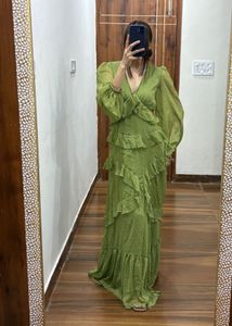 Olive Green Tiered Ruffled Swiss-Dot Maxi Dress