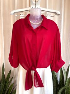 Chic Red Button-Up Tie-Front Blouse