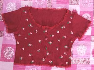 Red Floral Button-Up Cropped Top