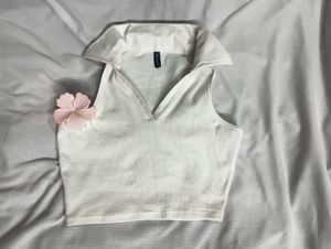 White Ribbed Collared Crop Top