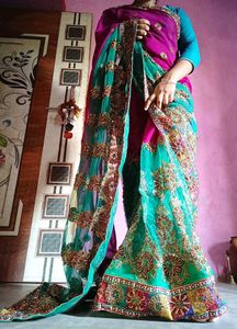 Fancy Teal &amp; Pink Saree with readymade Blouse