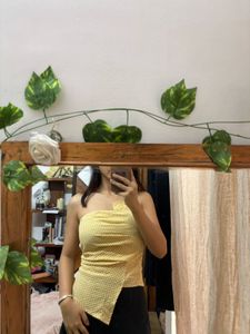 Chic Yellow Gingham One-Shoulder Top
