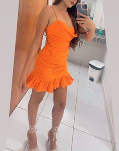 Orange Ruched Ruffle Mini Dress