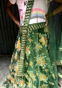 Elegant Floral Print Green Lehenga Set