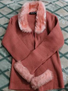 Chic Pink Cardigan with Fur Trim