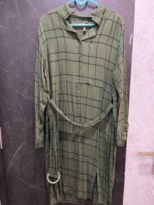 Olive Green Plaid Shirt Dress with Belt