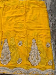 Elegant Yellow 🤩Embroidered pearl Saree💥