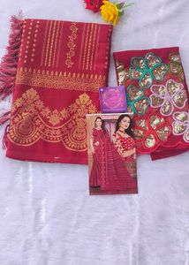 New Elegant Geogette Foil Work Saree With Blouse