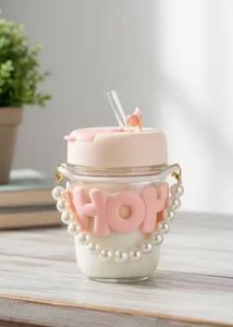 New Cute Aesthetic Glass Sipper with Straw 💗