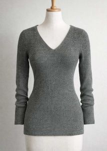 Gray V-Neck Ribbed Knit Sweater
