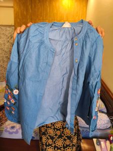 Blue Embroidered Denim Shirt for women