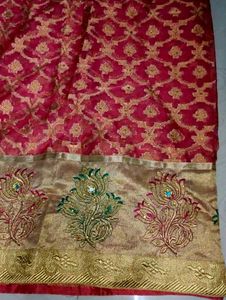 Reddish pink party wear organza tissue silk saree