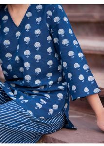 Chic Blue Block Print Kurta &amp; Palazzo Set