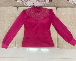 Elegant embroidered Pink Lace Neck Top