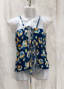 22197. Blue Floral Tie-Front Crop Top