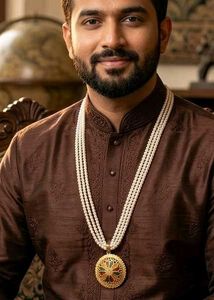 Men's Faux Pearl Necklace with Gold Plated Pendant