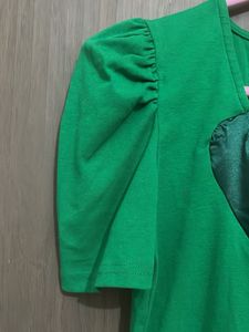 Branded Green Puff Sleeve Top with Heart Detail