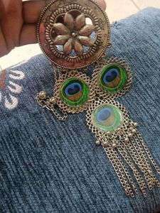 oxidised silver long necklace with peacock feather