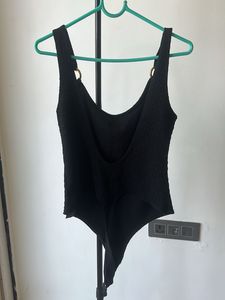 Black Textured Bodysuit with Gold Hardware