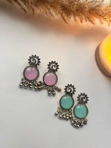 Peacock Design Earrings - Pink & Teal