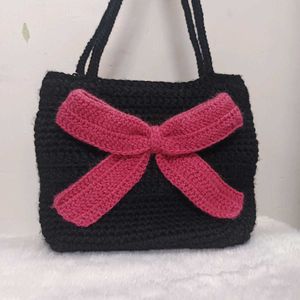 Handmade Black Crochet Tote Bag with Pink Bow❤️