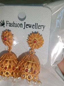 Golden Jhumka Earrings with Pearls