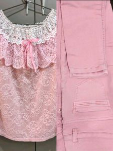 Pink Lace Topwith Jean Set