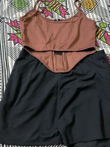 Brown Corset Top &amp; Black Skirt Set