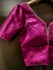 Luxe Pink Satin Blouse with Pearl Embellish
