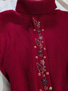 Embellished Burgundy Turtleneck Sweater