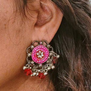 Vintage pink and red silver jhumka