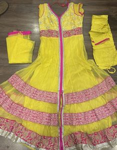 Vibrant Yellow Kurta Set with Pink Embroidery