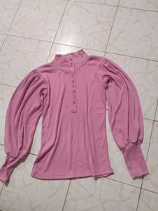 Pink Puff Sleeve Button-Up Top