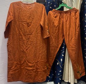 Embroidered Orange Kurta Set