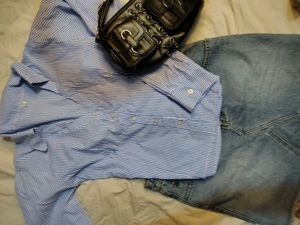 Retro Striped Button-Up &amp; Denim Skirt Set