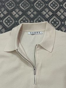Men's Beige Zip-Neck Polo Shirt