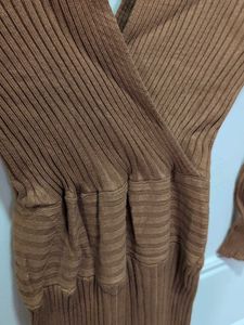 Brown Ribbed V-Neck Dress