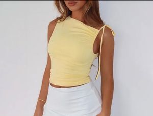 Chic Yellow Ruched Tie-Strap Top