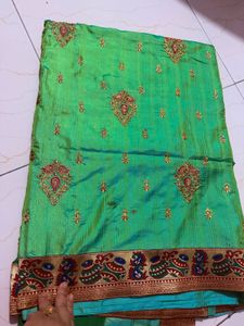 Vibrant Embroidered Silk Saree parrot green
