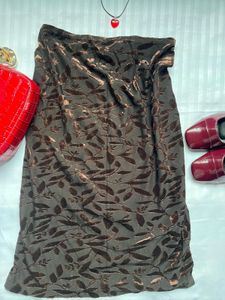 Brown Leaf Print Midi Skirt