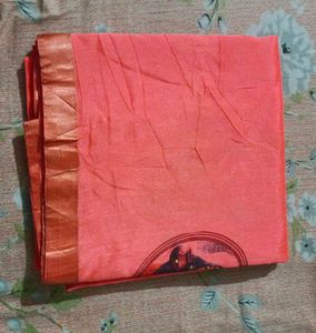 Beautiful Coral Saree with Golden Border