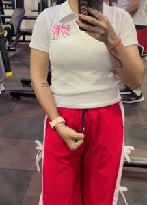 White Bow Print Polo Tee & Red Side Stripe Pants