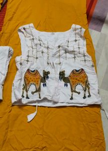 Yellow Kurta Set with Camel Print Jacket