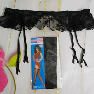 (854)Black Lace Lingerie Garter Belt &amp; Stockings