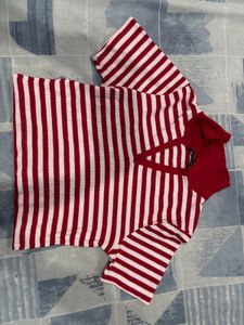 Striped Cropped Polo Neck Top